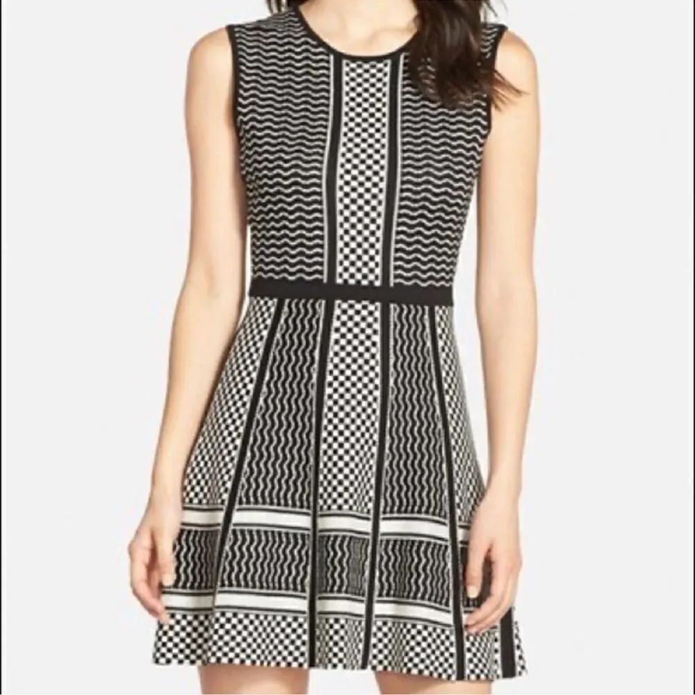 BCBG L MaxAzria White Black Combo Checkered Fine Knit Sleeveless A-Line Dress
